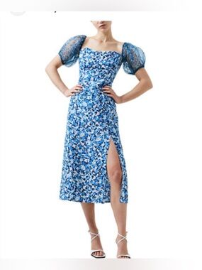 French Connection Blue Floral Puff-Sleeve Midi Dress with Side Slit